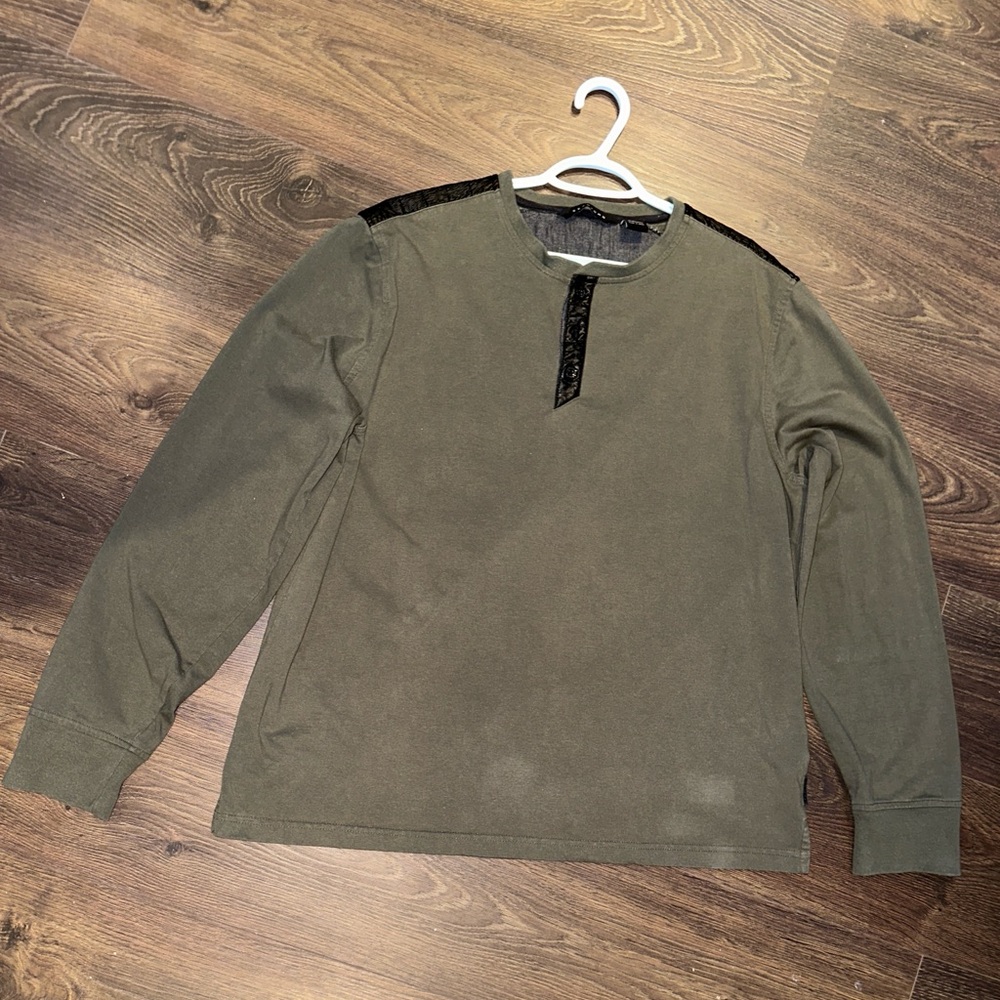 Sean John Faux Leather Panel Long Sleeve Shirt – Olive